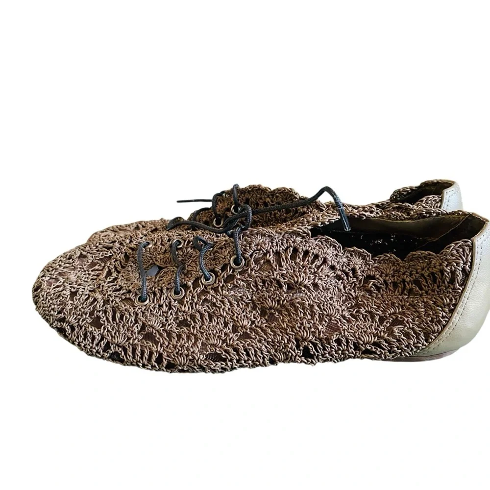 ALL BLACK Brown Crochet Lace Up Loafer Ballet Flats